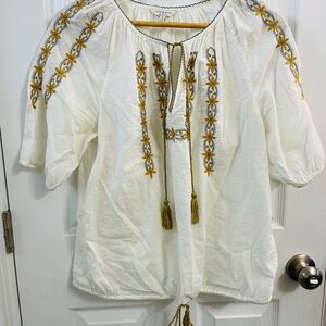 Lucky Brand White Peasant Tunic with Mustard Embroidery